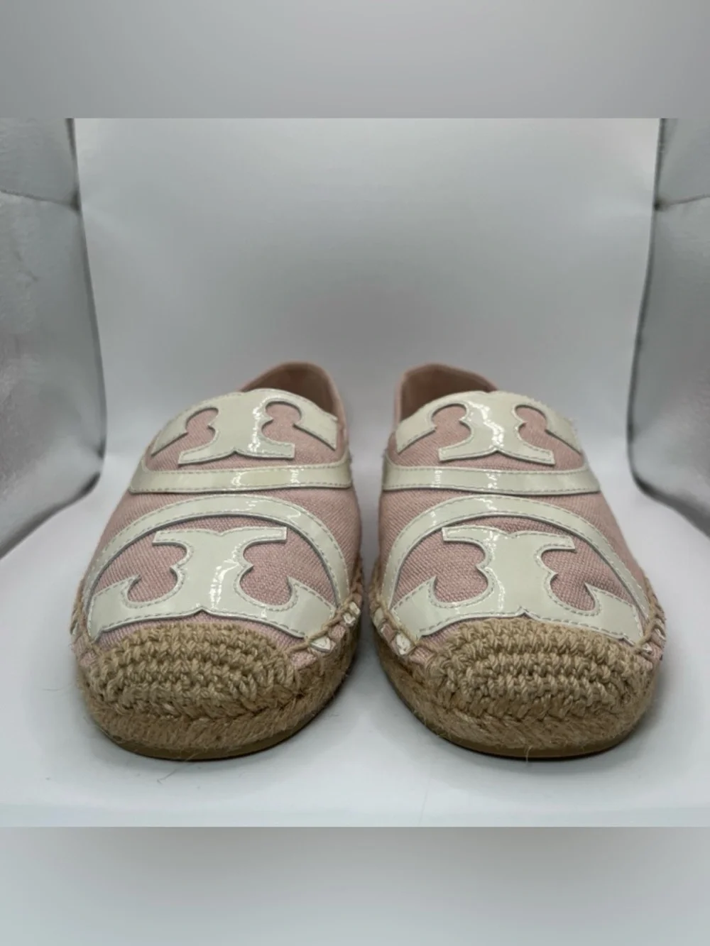 Tory Burch Ines Espadrille Poppy Pink Canvas Patent Leather Logo Flats Womens 7M
